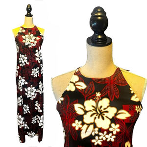 Hitomi Kailua-Kona Hawaii Maxi Dress Muumuu, M, Black Red Floral Aloha Wear